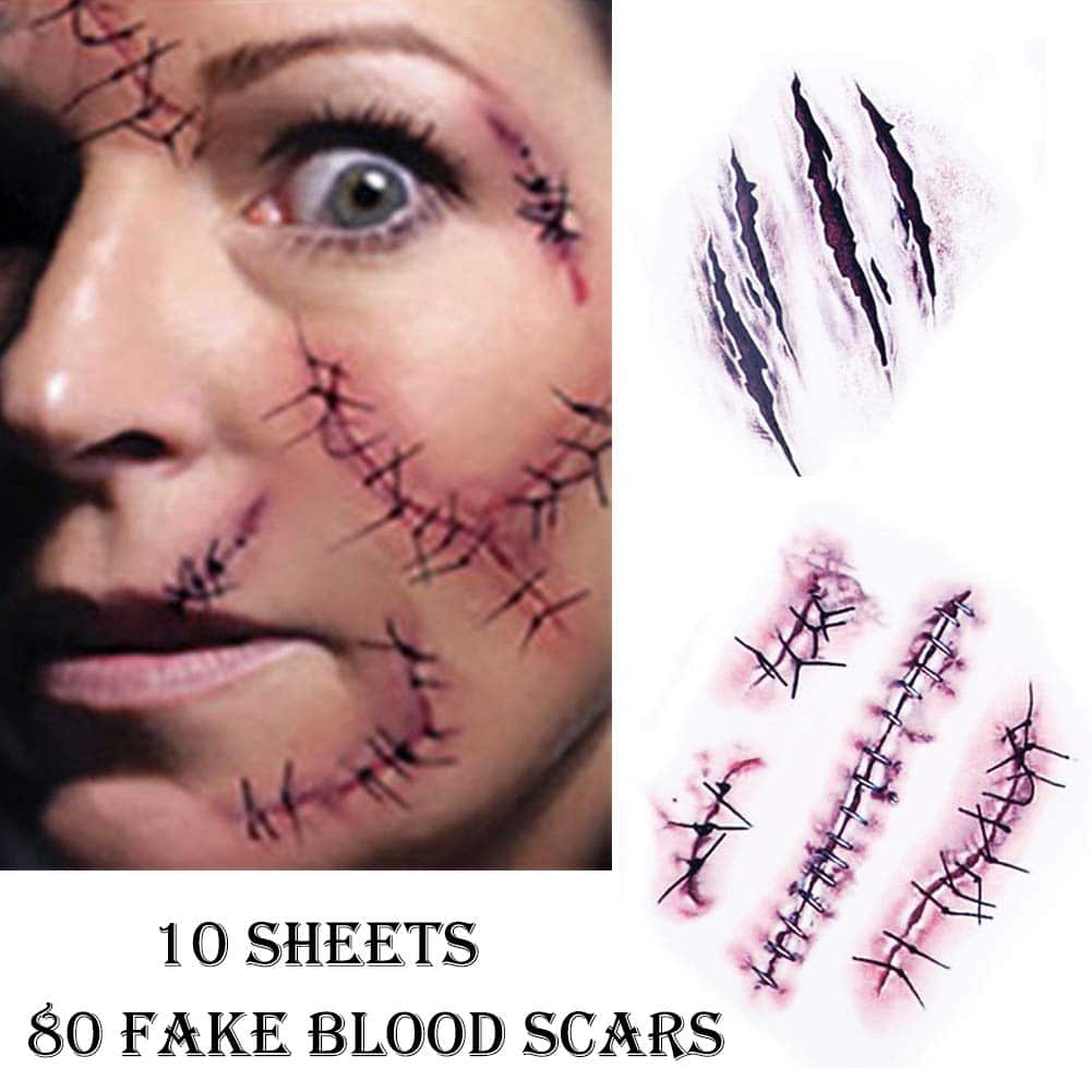 tatuajes temporales (10 hojas) - halloween zombie cicatrices tatuajes pegatinas con falso scab sangre especial fx costume maquillaje props
