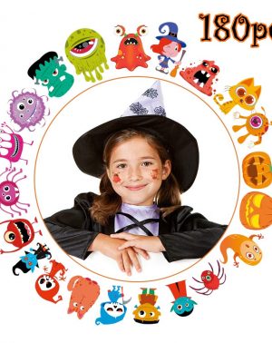 ThinkMax 180 pcs Tatuajes temporales de Halloween para niños, 30 Estilos Surtidos Etiquetas engomadas del Tatuaje para el Favor de la Fiesta de Halloween, Truco o Trato, Rellenos de Bolsas de Regalos
