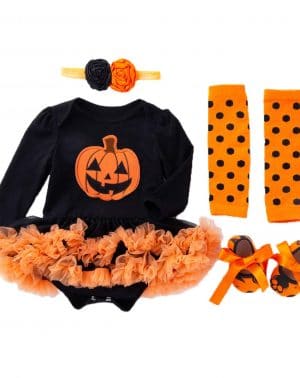 BabyPreg® Vestido de Halloween de las niñas infantiles Calabaza 4PCS Headband Legging Calzado