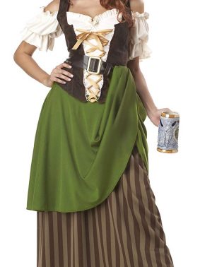 Disfraz de tabernera medieval para mujer, color verde y marrón