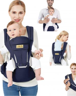 Mochila Portabebes Ergonómico Multifuncion Transpirable,Algodón Puro Ligero,Portabebés Con Capucha de Sueño Extraíble en La Espalda Con Correas de Hombro Suaves (0-48meses) (Azul Oscuro)