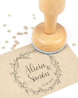 Sello Boda Personalizado, Sello de Madera con tampón de tinta, Sellos Personalizados Boda | Corona Flores 2