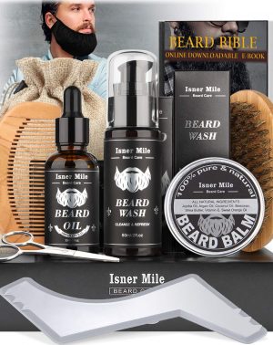 Kit Barba Cuidado Para Hombres, Set Herramientas de Aseo y Recorte Con Champú Barba, Aceite Crecimiento Barba, Bálsamo, Cepillo, Peine, Tijeras, Guía Barba, Mejores Regalos