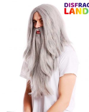 Peluca Lisa Larga & Barba Color Gris Mago Motero Anciano Abuelo - Carnaval