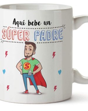 MUGFFINS Tazas Papa para Padres – AQUÍ Bebe UN Super Padre – Taza Desayuno Original 350 ml - Idea Regalo para el día del Padre