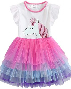 VIKITA Vestido Tul Algodón Bordado Unicornio para Niñas