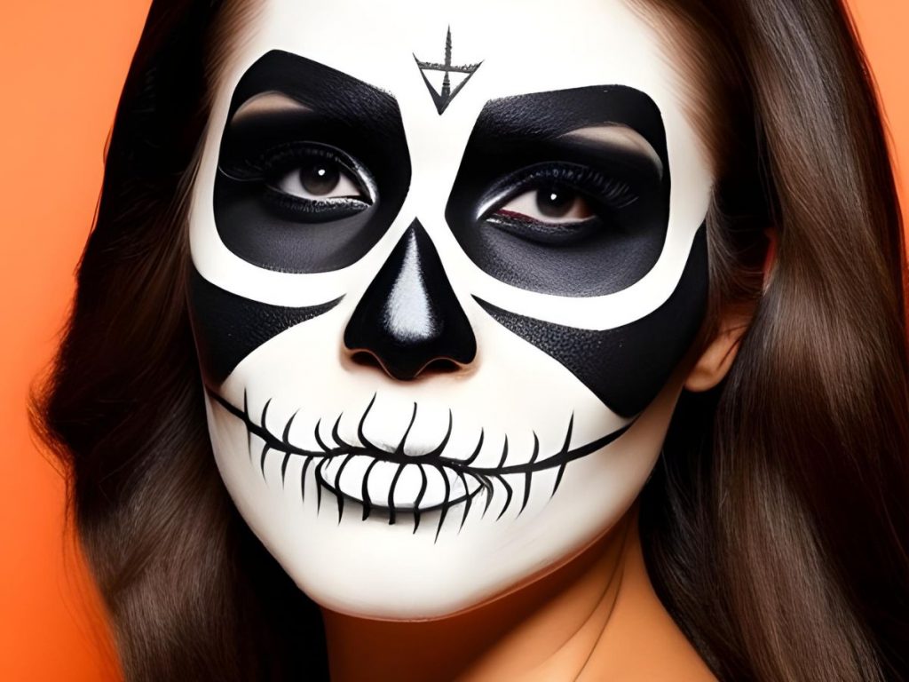 Maquillaje artístico de rostro calavera con colores vibrantes y detalles intrincados.