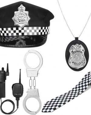 5 piezas Disfraz de Policia Gorra de Policía Placa de policía y Esposas Corbata Walkie-talkies Accesorios Policia para Niños Adultos Halloween Carnaval Juego de Roles Accesorios