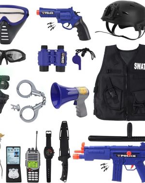 Disfraz de policía con chaleco, casco, esposas y walkie talkie de juguete