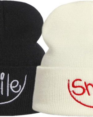 Gorro de invierno unisex para hombre, mujer, gorro de punto, gorro de esquí, bordado, cara sonriente, 2 unidades