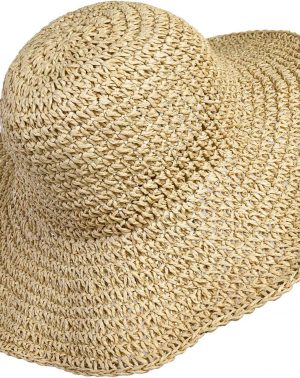 Sombrero de Paja de Las Mujeres, Playa de Verano Sombrero de Sol Plegable Gorra de Sol de ala Ancha Señora Trenzado para Viajes Decoración Vacaciones, Suave Transpirable (Beige)