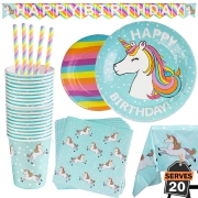 102 Piezas–Vajilla Diseño de Arcoiris y Unicornio Desechable–Accesorio de Decoración de Fiesta de Cumpleaños-Utensilios para Celebración–Pancarta,Platos,Vasos,Servilletas,Pajitas y Mantel Resistente