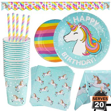 102 Piezas–Vajilla Diseño de Arcoiris y Unicornio Desechable–Accesorio de Decoración de Fiesta de Cumpleaños-Utensilios para Celebración–Pancarta,Platos,Vasos,Servilletas,Pajitas y Mantel Resistente