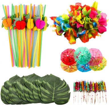 OOTSR 108 piezas de decoración de fiesta tropical con hojas de palmera de simulación, flores de hibisco de seda, mini palillos de paraguas, pajitas de frutas para decoraciones de hawaiana Luau fiesta