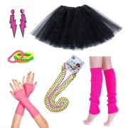iLoveCos 80s Accesorios de Disfraz Fiestas Neón Custome Falda Tutú Adulto Collar de Perlas, Pulseras Colores Fluorescentes Neón,Calientapiernas,Guantes de red Aretes Disfraz Guantes Night Out Party