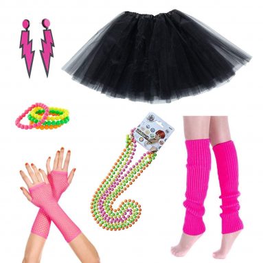 iLoveCos 80s Accesorios de Disfraz Fiestas Neón Custome Falda Tutú Adulto Collar de Perlas, Pulseras Colores Fluorescentes Neón,Calientapiernas,Guantes de red Aretes Disfraz Guantes Night Out Party