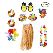 Complementos Hawaiana Disfraces Mujeres – Collar Pulsera Hawaii flor pinza de pelo y gafas de sol de piña – 8 Piezas