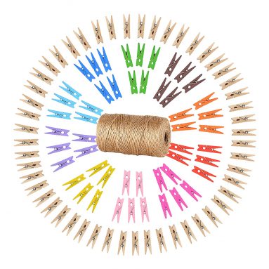 Cuerda Yute y 100 pcs Pinzas Mini Madera – Decoración de Boda DIY