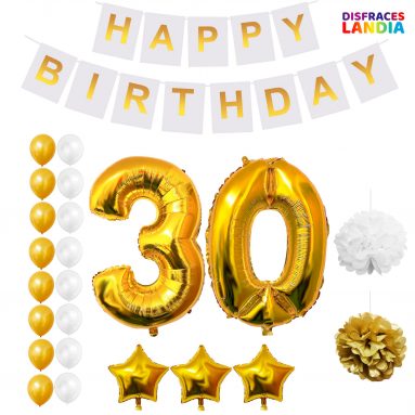 Globos Cumpleaños 30 años – Happy Birthday – Kit – Decoración Globo Grande de Aluminio – Globos De Látex Dorado y Blanco