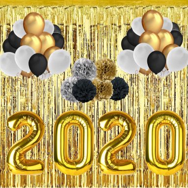KIT Decoración de Nochevieja – Globos Foil Aluminio Látex -Cortina – Bola de Flores de Papel