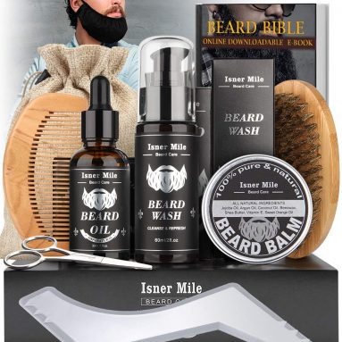 Kit Barba Cuidado Para Hombres, Set Herramientas de Aseo y Recorte Con Champú Barba, Aceite Crecimiento Barba, Bálsamo, Cepillo, Peine, Tijeras, Guía Barba