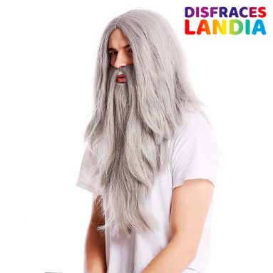 Peluca Lisa Larga & Barba Mago Hechicero Motero Anciano – Color Gris