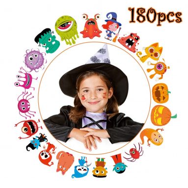 ThinkMax 180 pcs Tatuajes temporales de Halloween para niños, 30 Estilos Surtidos Etiquetas engomadas del Tatuaje para el Favor de la Fiesta de Halloween, Truco o Trato, Rellenos de Bolsas de Regalos