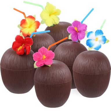 12 Tazas Forma de Coco con Pajitas Flor Hibiscus – Fiesta Luau Hawaiana Temática de Playa