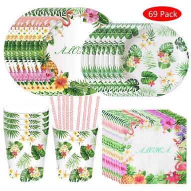 Vajilla Fiesta Hawaiana – Vasos, Platos, Servilletas Desechables – Cumpleaños Fiesta Tropical