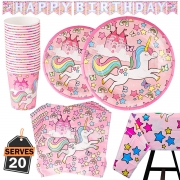 Vajilla Diseño de Unicornio Desechable – Accesorio de Decoración Fiesta de Cumpleaños – 20 Invitados – Color Rosa