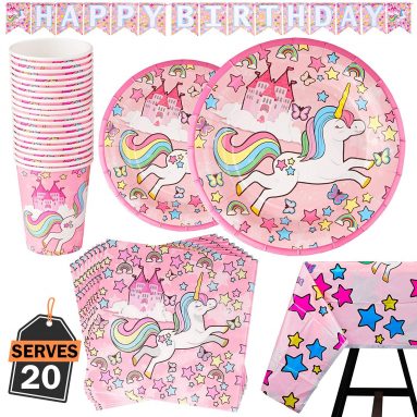 Vajilla Diseño de Unicornio Desechable – Accesorio de Decoración Fiesta de Cumpleaños – 20 Invitados – Color Rosa